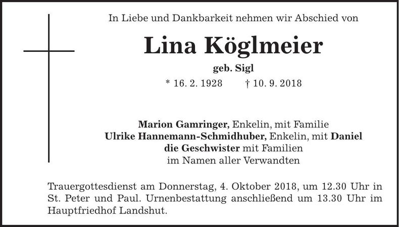 Traueranzeige Lina Köglmeier