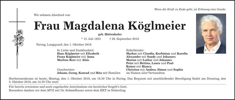 Traueranzeige Magdalena Köglmaier