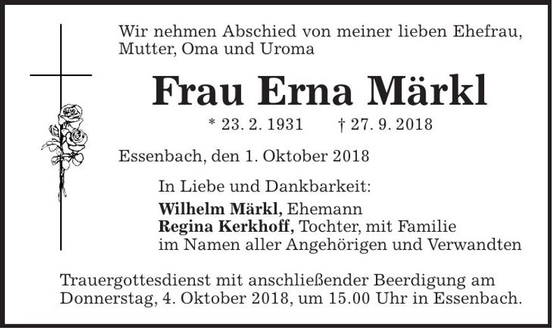 Traueranzeige Erna Märkl