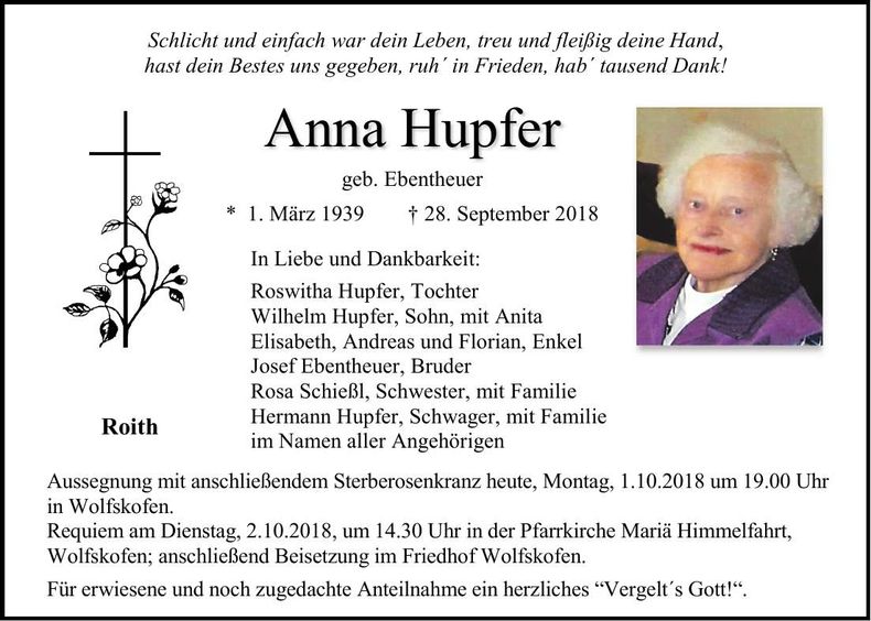Traueranzeige Anna Hupfer