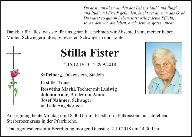 Traueranzeige Stilla Fister