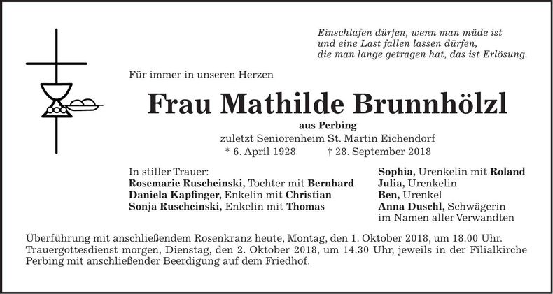 Traueranzeige Mathilde Brunnhölzl