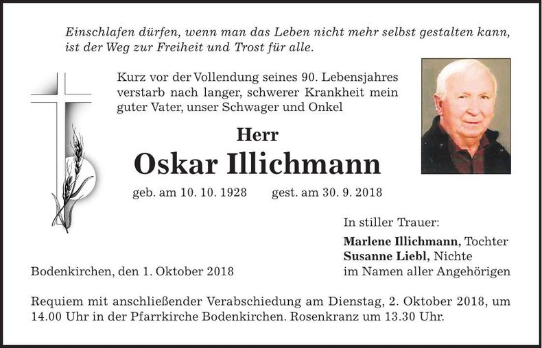 Traueranzeige Oskar Illichmann