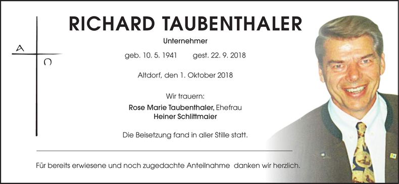 Traueranzeige Richard Taubenthaler