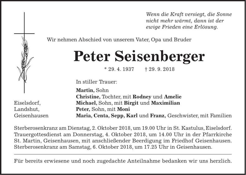 Traueranzeige Peter Seisenberger
