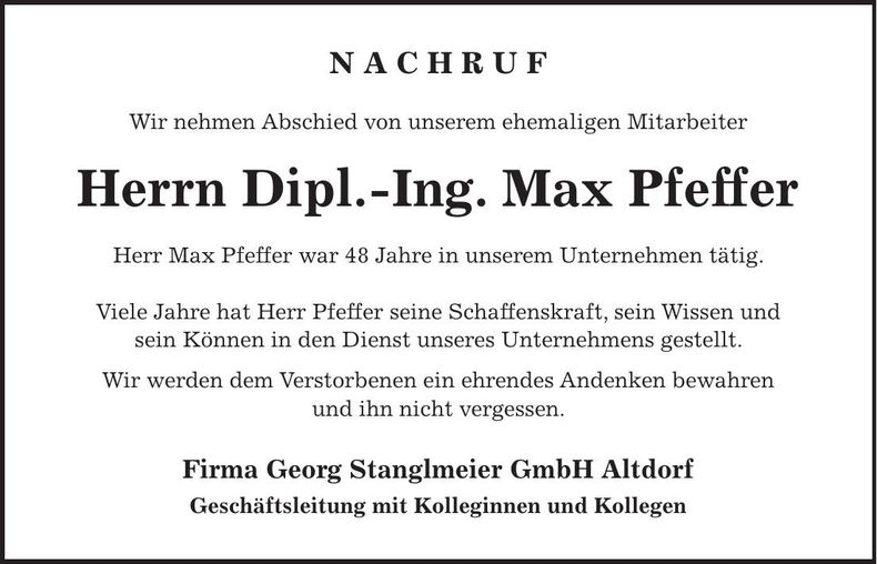 Traueranzeige Max Pfeffer