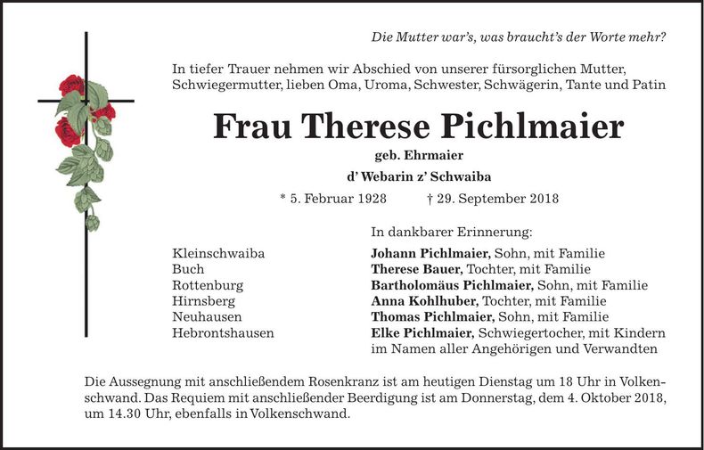 Traueranzeige Therese Pichlmaier
