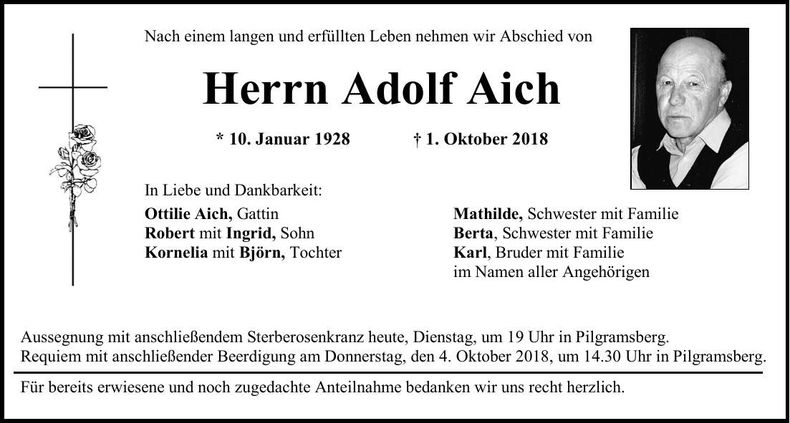 Traueranzeige Adolf Aich