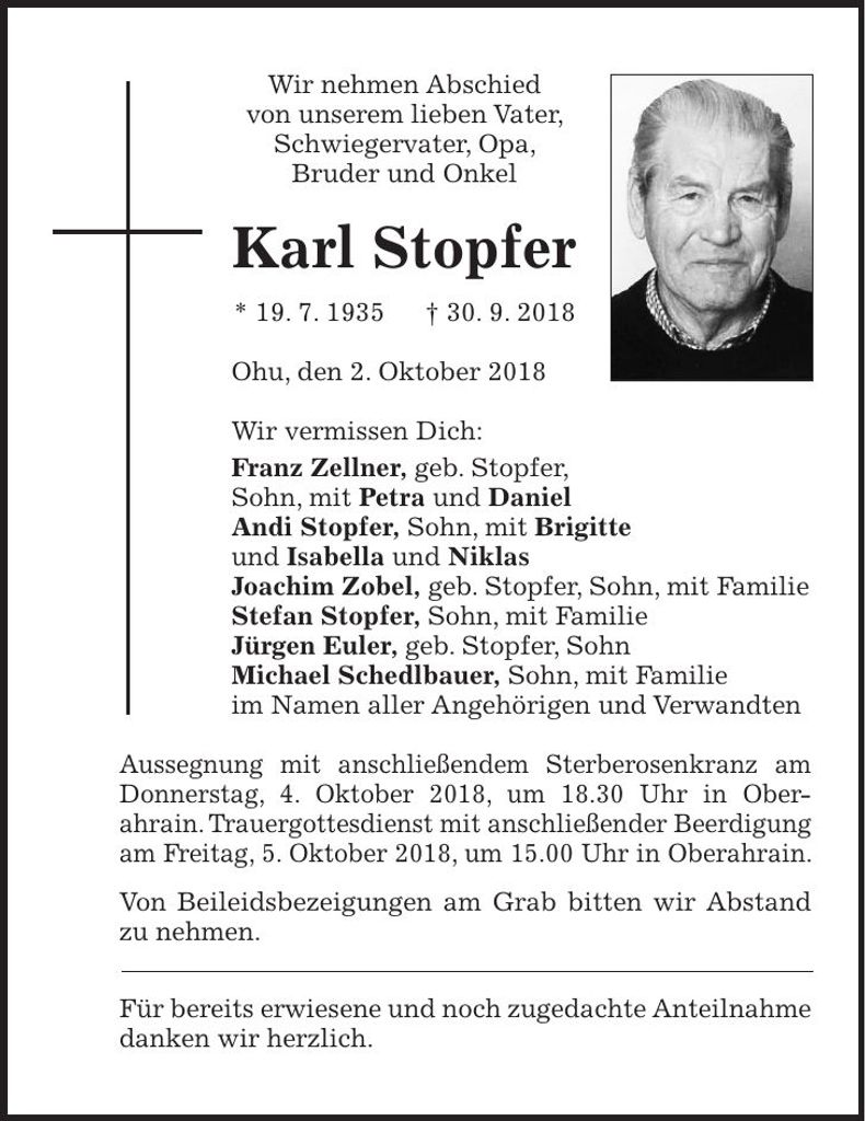 Traueranzeige Karl Stopfer
