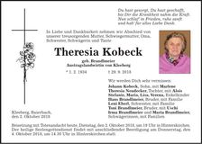 Traueranzeige Theresia Kobeck