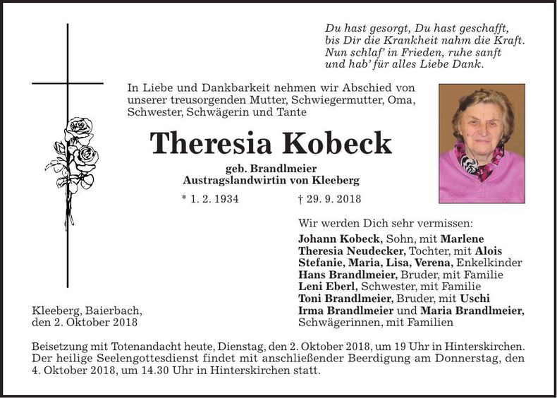 Traueranzeige Theresia Kobeck