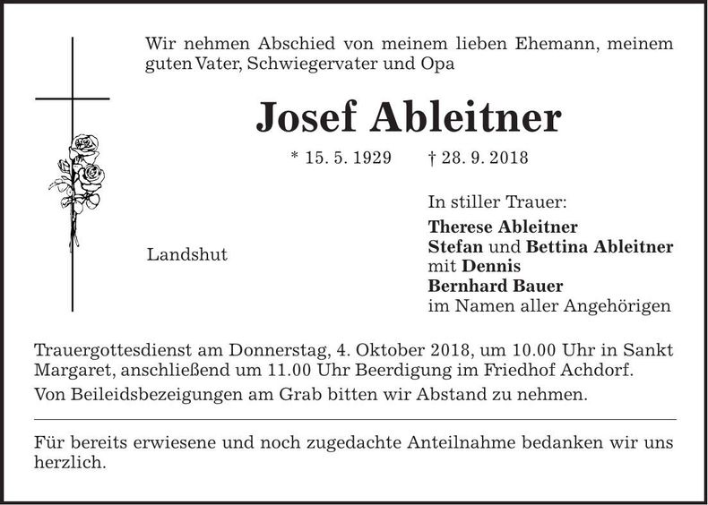 Traueranzeige Josef Ableitner