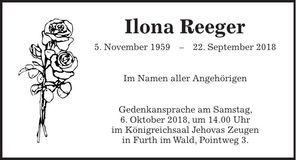 Traueranzeige Ilona Reeger