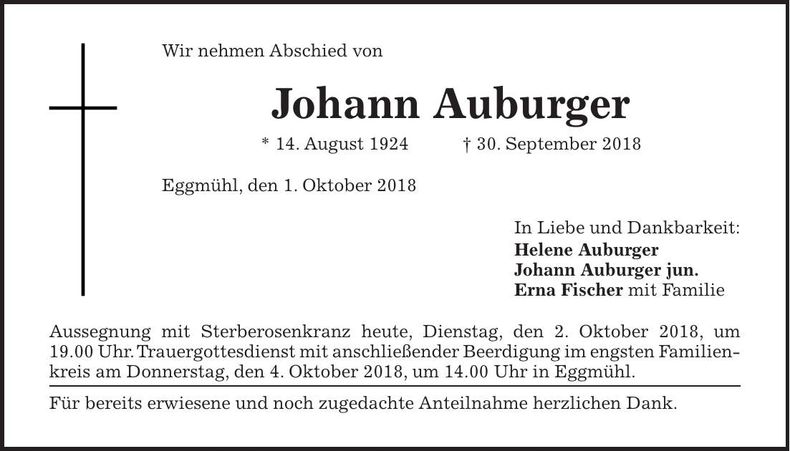 Traueranzeige Johann Auburger