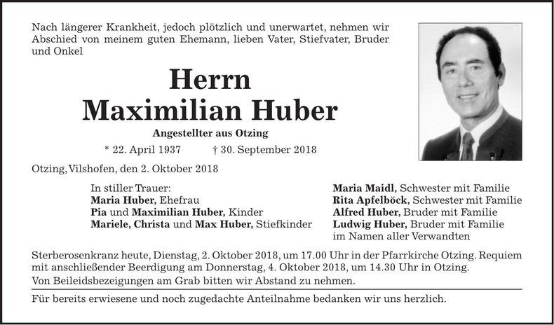 Traueranzeige Maximilian Huber