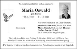 Traueranzeige Maria Oswald
