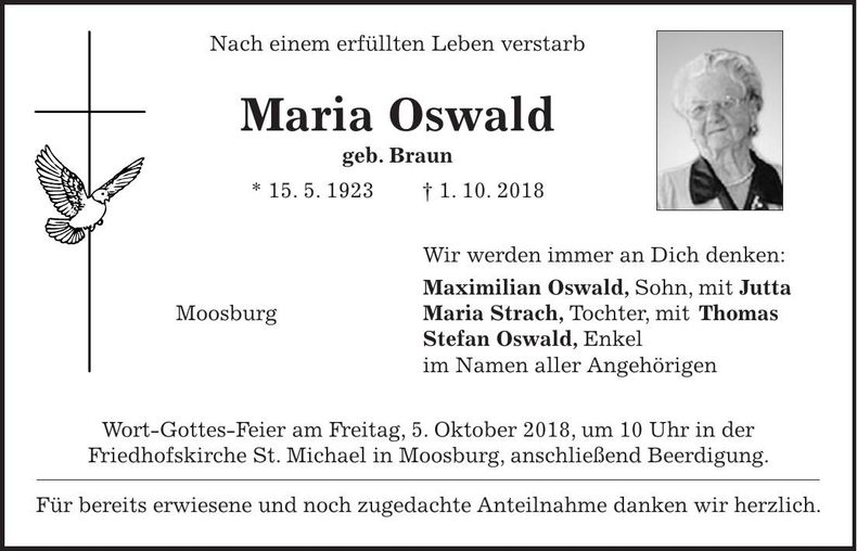Traueranzeige Maria Oswald