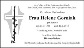 Traueranzeige Helene Gorniak
