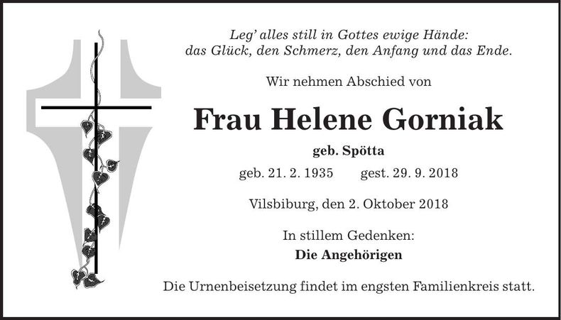Traueranzeige Helene Gorniak