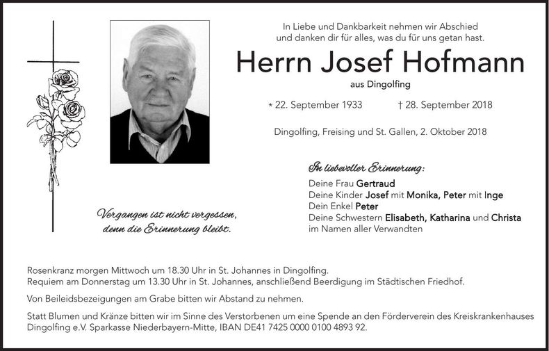 Traueranzeige Josef Hofmann