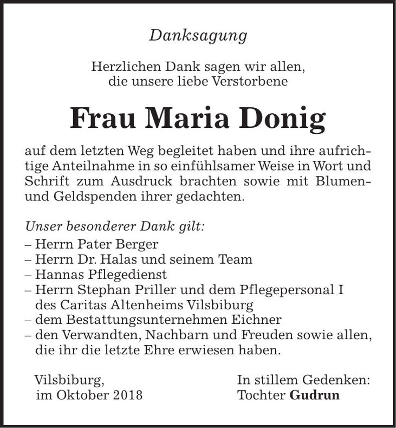 Traueranzeige Maria Donig
