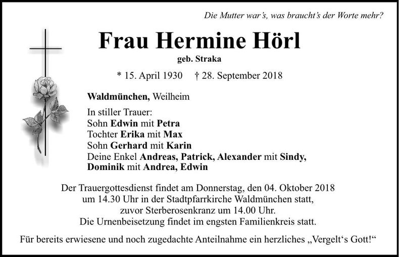 Traueranzeige Hermine Hörl