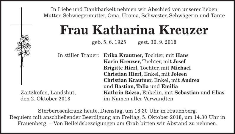Traueranzeige Katharina Kreuzer