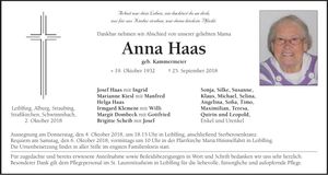 Traueranzeige Anna Haas