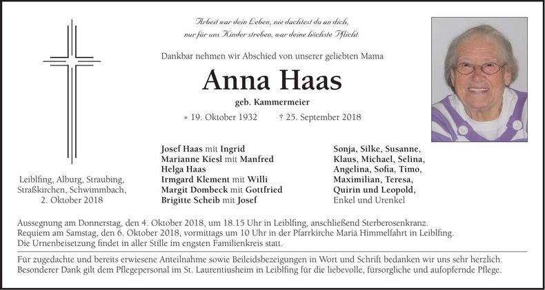 Traueranzeige Anna Haas