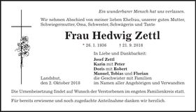 Traueranzeige Hedwig Zettl