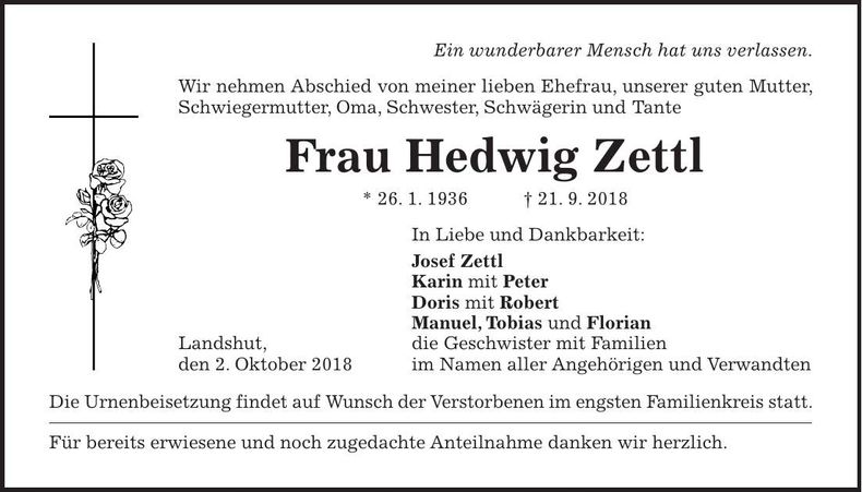 Traueranzeige Hedwig Zettl
