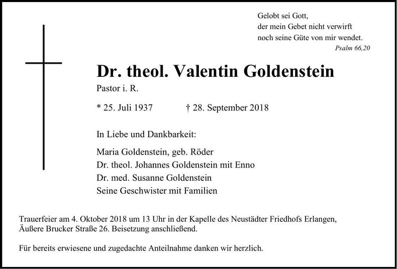 Traueranzeige Valentin Goldenstein