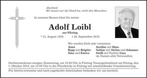 Traueranzeige Adolf Loibl
