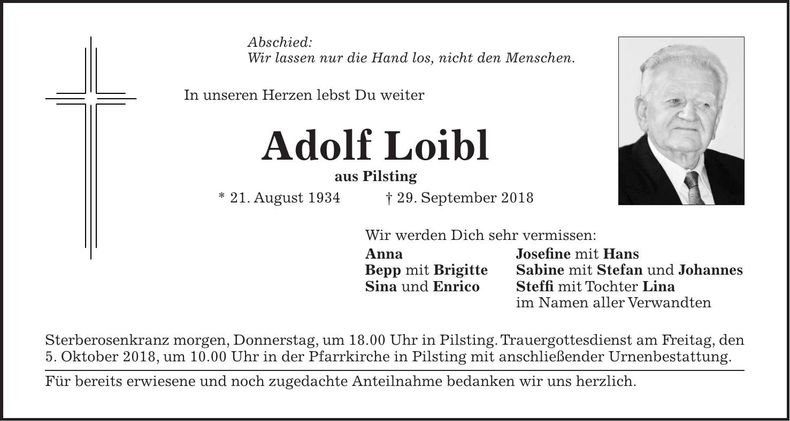 Traueranzeige Adolf Loibl
