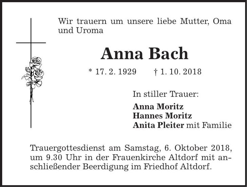 Traueranzeige Anna Bach