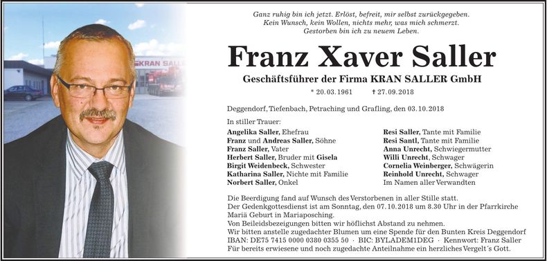 Traueranzeige Franz Xaver Saller