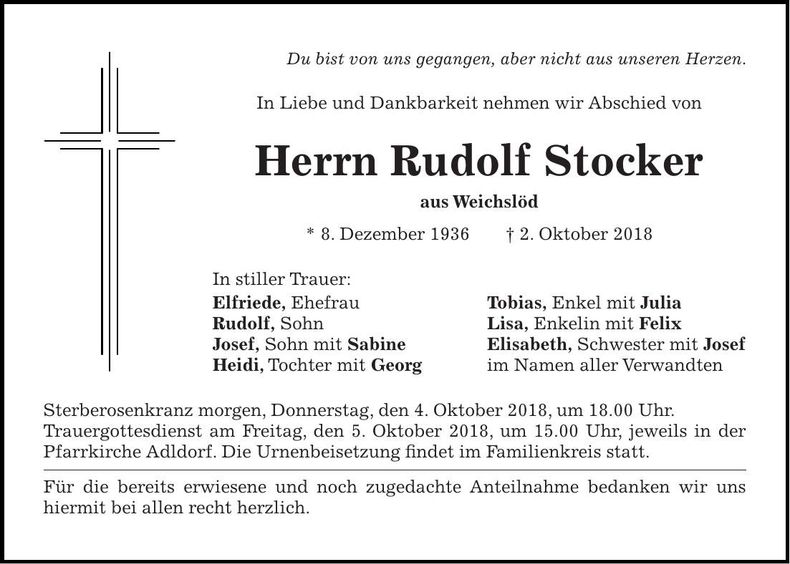 Traueranzeige Rudolf Stocker