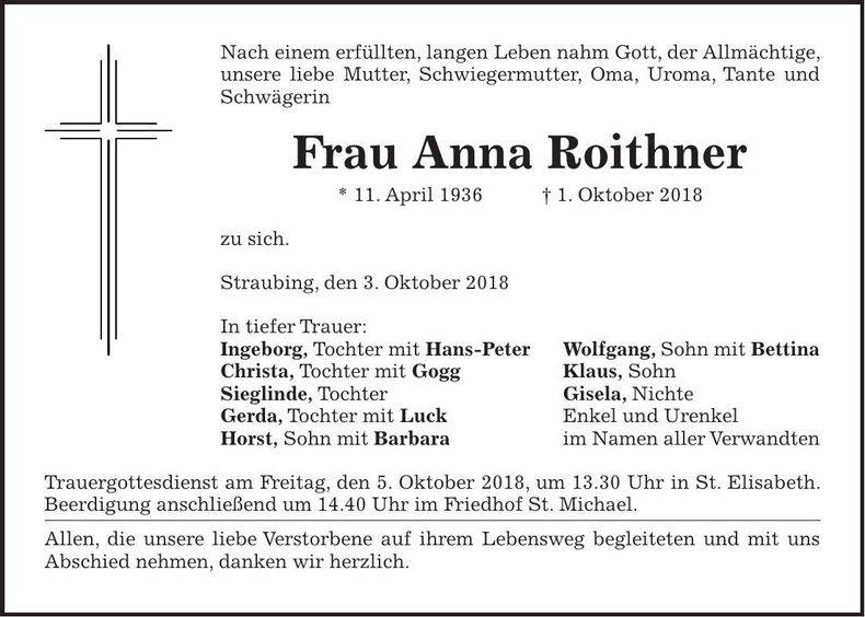 Traueranzeige Anna Roithner