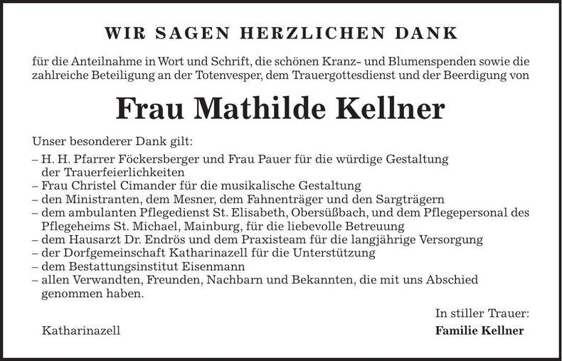 Traueranzeige Mathilde Kellner