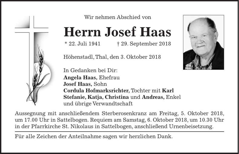 Traueranzeige Josef Haas