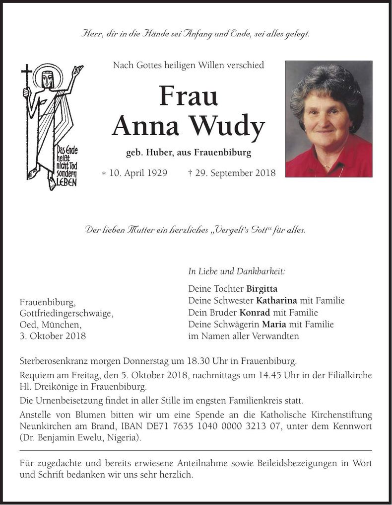 Traueranzeige Anna Wudy