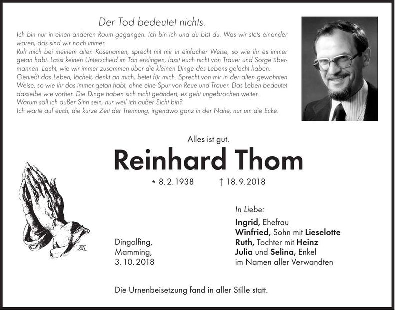 Traueranzeige Reinhard Thom