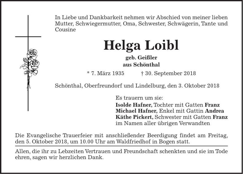 Traueranzeige Helga Loibl