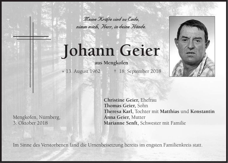 Traueranzeige Johann Geier