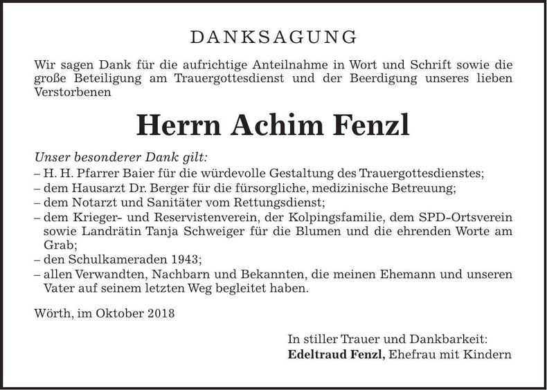 Traueranzeige Achim Fenzl