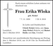 Traueranzeige Erika Wloka