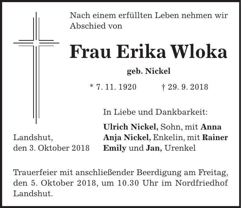 Traueranzeige Erika Wloka