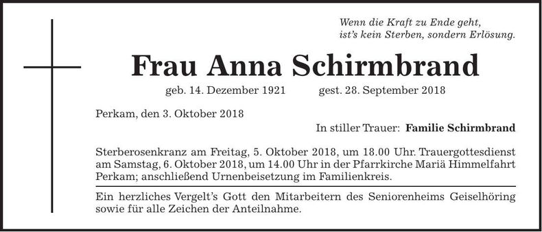 Traueranzeige Anna Schirmbrand