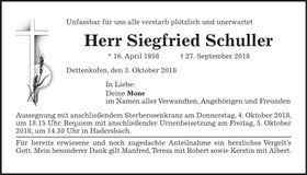 Traueranzeige Siegfried Schuller