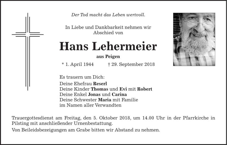 Traueranzeige Hans Lehermeier